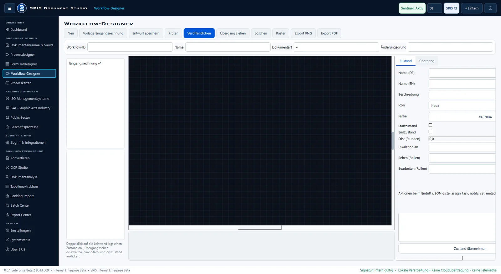 Screenshot SRIS DSE: Grafischer Workflow-Designer mit Zuständen, Rollen, Übergängen und Fristen